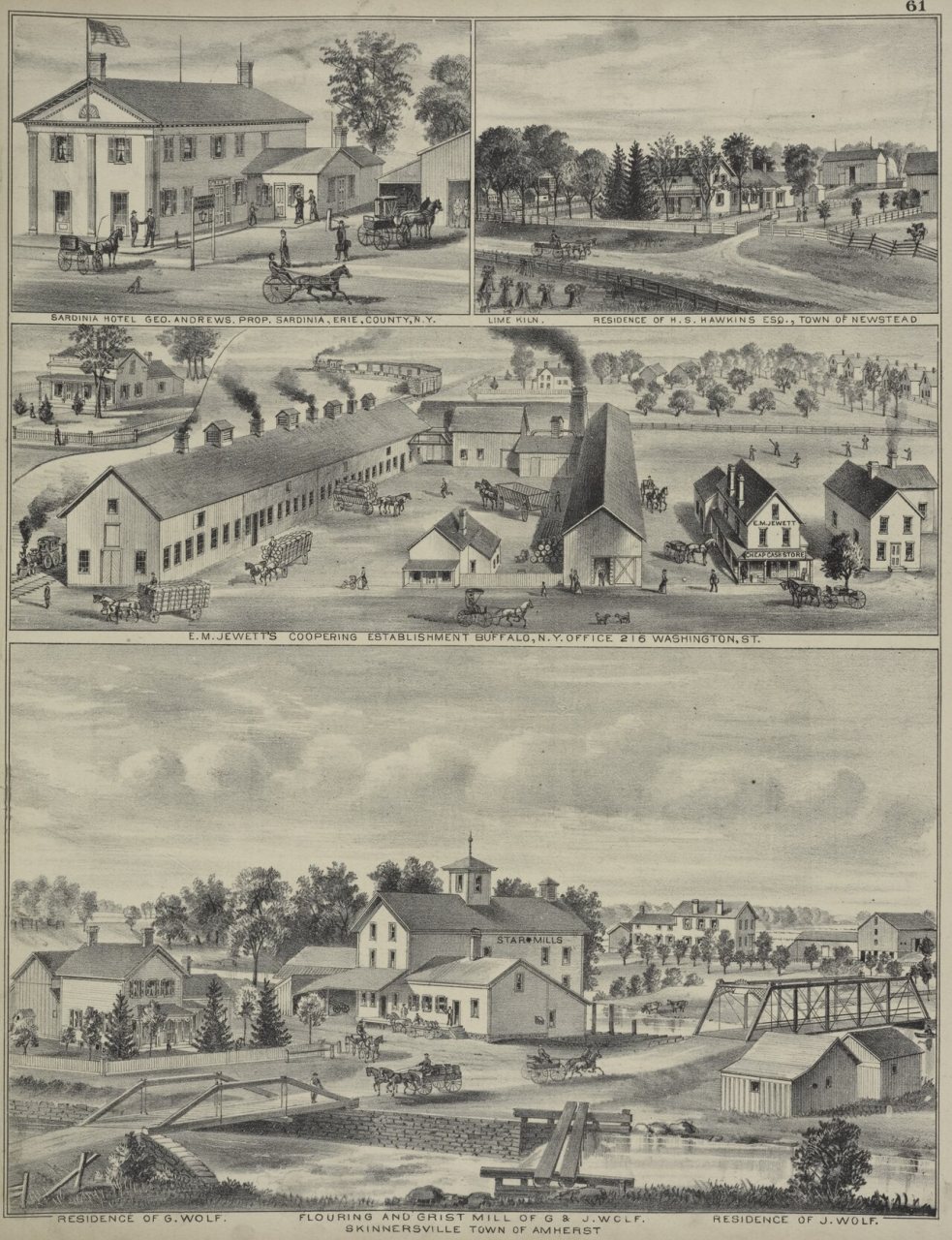 E. M. Jewetts Coopering Establishment Buffalo, N.Y. Office 216 Washington, St.; Residence of G. Wolf. Flouring and Gris…