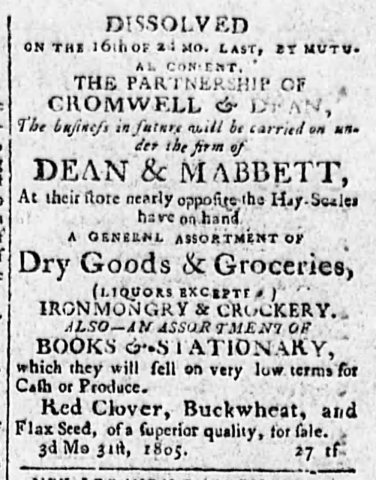 Advert for Dean & Mabbett - Poughkeepsie Journal - Apr 2 1805 - page 3