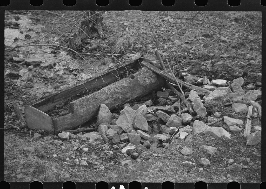 Water trough made of hollowed log on farm near Danby, New York, Tompkins County