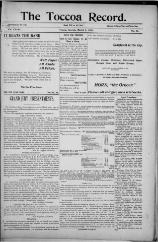 The front page of The Toccoa Record newspaper on March 8, 1901