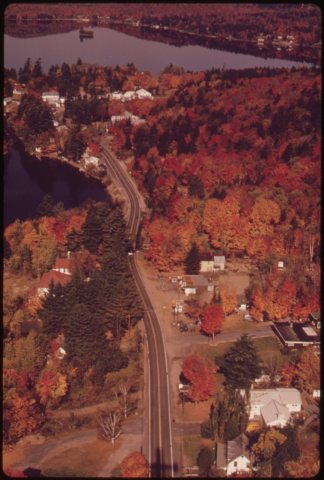 AERIAL VIEW OF THE VILLAGE OF INLET, NEW YORK, TYPICAL SMALL ADIRONDACK FOREST PRESERVE HAMLET WITH ONE MAIN STREET