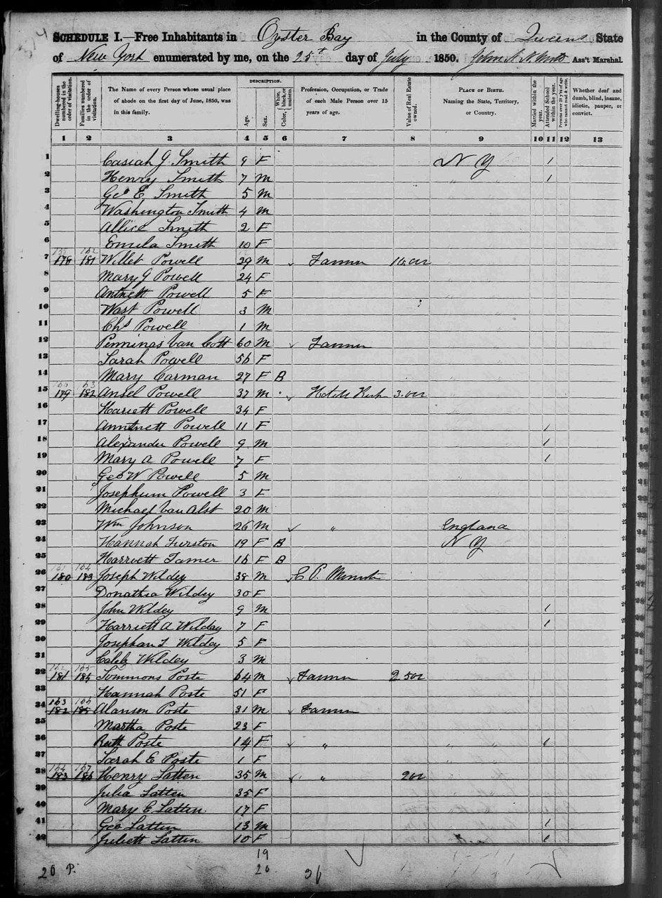 Henry K. Lattin (1806-1894) in the 1850 US census in Oyster Bay, New York, page 1