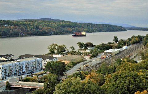 Dutchess Apartments, Poughkeepsie and tanker on the Hudson River