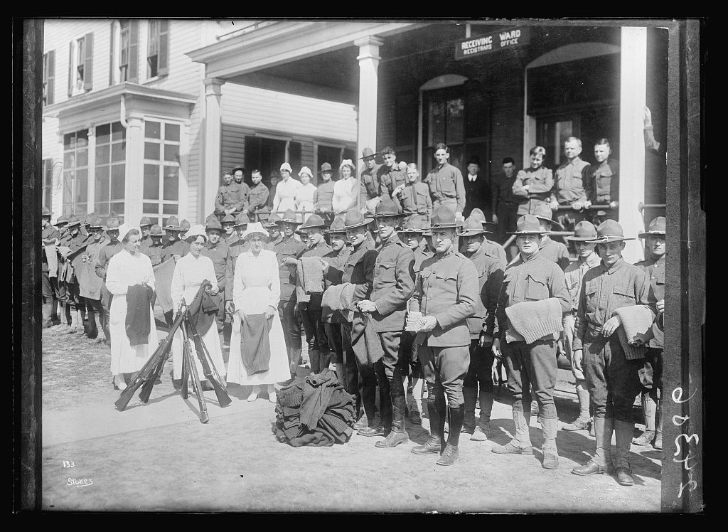 American Red Cross knitted goods have been issued to these men at the Base Hospital