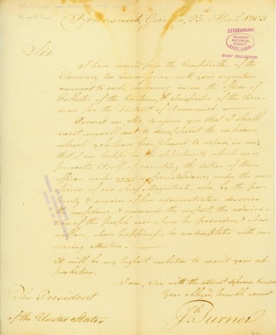 Letter signed John Turner, Brunswick, Georgia, to Thomas Jefferson, April 25, 1803