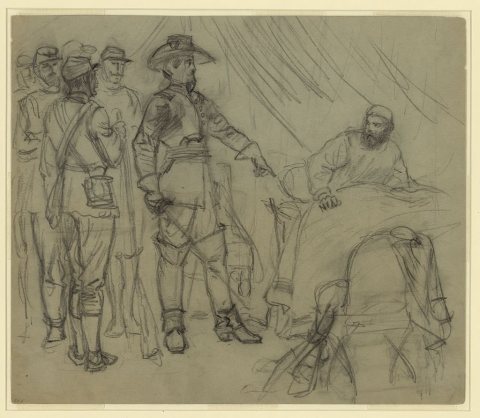 Officer pointing to man in bed in a tent