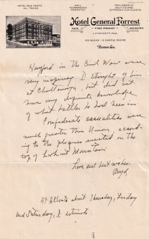 Page 1, A letter sent from the Hotel General Forrest in