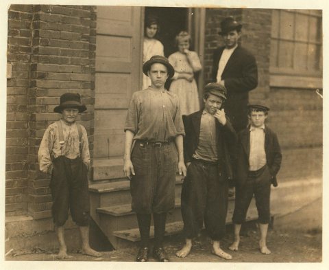 All these are workers at the Cherokee Hosiery Mill, Rome, Ga. Noon, April 10, 1913. The youngest are turners and looper…