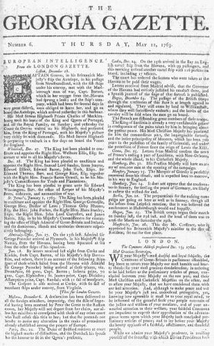 1763 Georgia Gazette Savannah May12