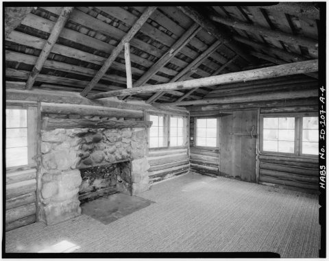 Cabin 1, interior of dining room facing southwest showing fireplace. - Peavy Cabins, Cabin 1, Block A, Lot 1