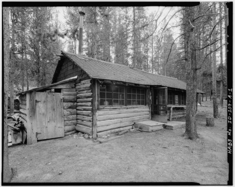 Cabin 1, view facing southwest. Storage shed addition at left. - Peavy Cabins, Cabin 1, Block A, Lot 1