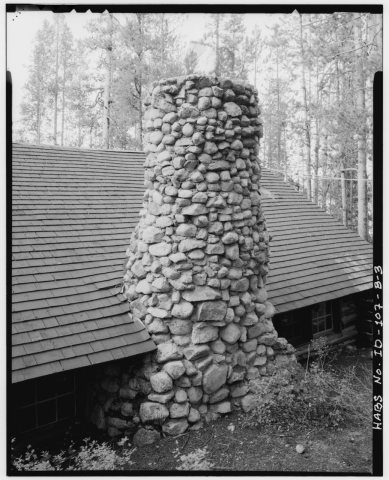 Cabin 2, view facing northeast showing rubble fieldstone chimney. - Peavy Cabins, Cabin 2, Block A, Lot 1