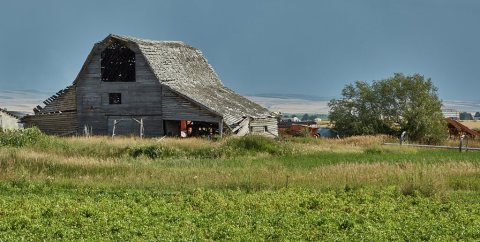 An old barn near Teton, Idaho, named after the Grand Teton mountain range, the back of which faces Idaho