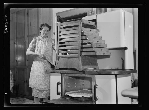 Mrs. Albert Yaeger putting coal in stove where a tray of corn below and drawers of apples are drying. The dryer has bee…