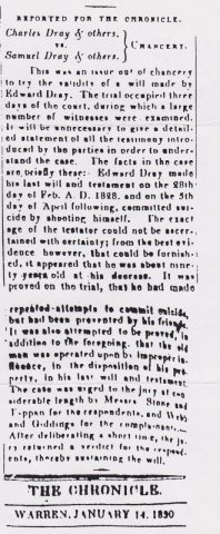 Edward Dray (1741-1828) contested will in the Western Reserve Chronicle on January 14, 1830