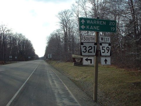 Pennsylvania State Route 321 southbound at split with PA 59 westbound