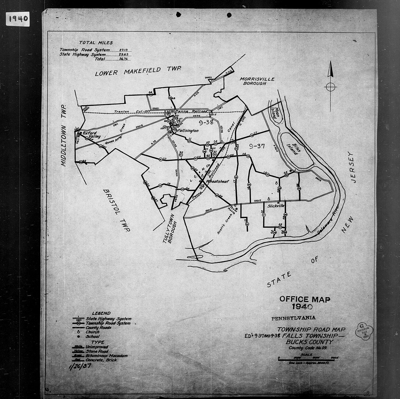 1940 Census Enumeration District Maps - Pennsylvania - Bucks County - Falls - ED 9-37, ED 9-38
