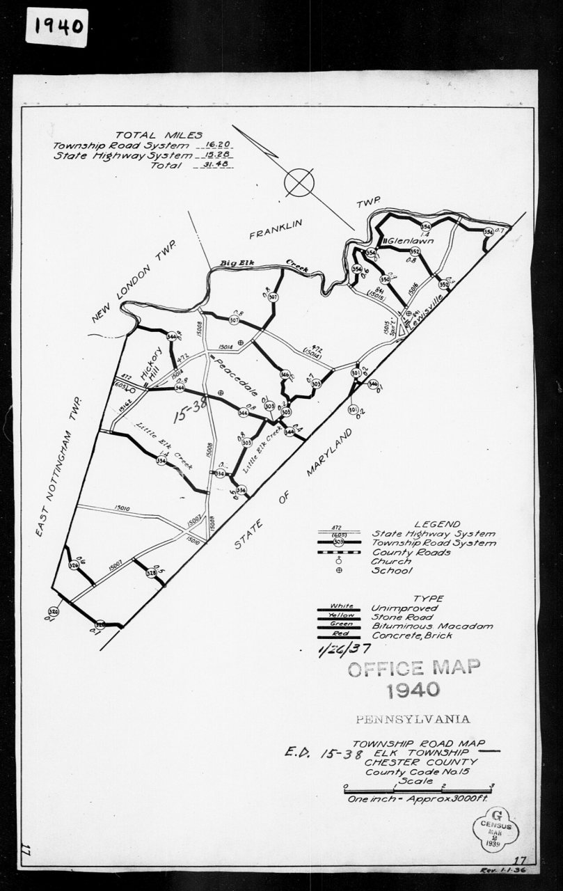 1940 Census Enumeration District Maps - Pennsylvania - Chester County - Elk - ED 15-38
