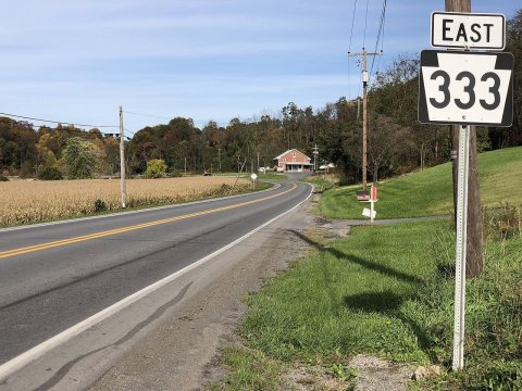 2021-10-28 12 25 23 View east along Pennsylvania State Route 333 (Cocolamus Road) at Cedar Springs Road in Delaware Tow…
