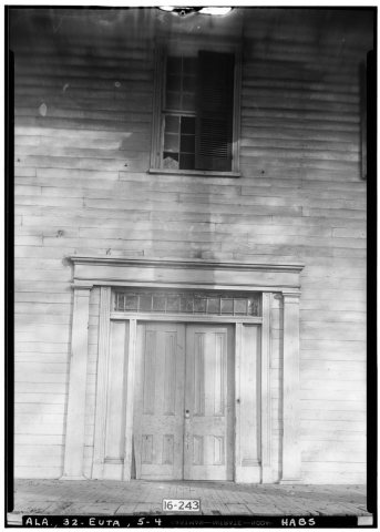 CLOSE-UP OF FRONT ENTRANCE - Eutaw Female Academy, Main Street and Wilson Avenue (moved from original site), Eutaw, Gre…