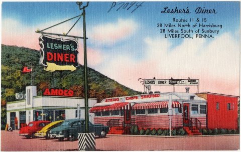 Lesher's Diner, Routes 11 and 15, 28 miles north of Harrisburg, 28 miles south of Sunbury, Liverpool, Penna (87094)
