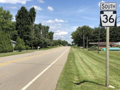 2022-06-13 14 47 30 View south along Pennsylvania State Route 36 (Colonel Drake Highway) at Sage Road in Green Township…