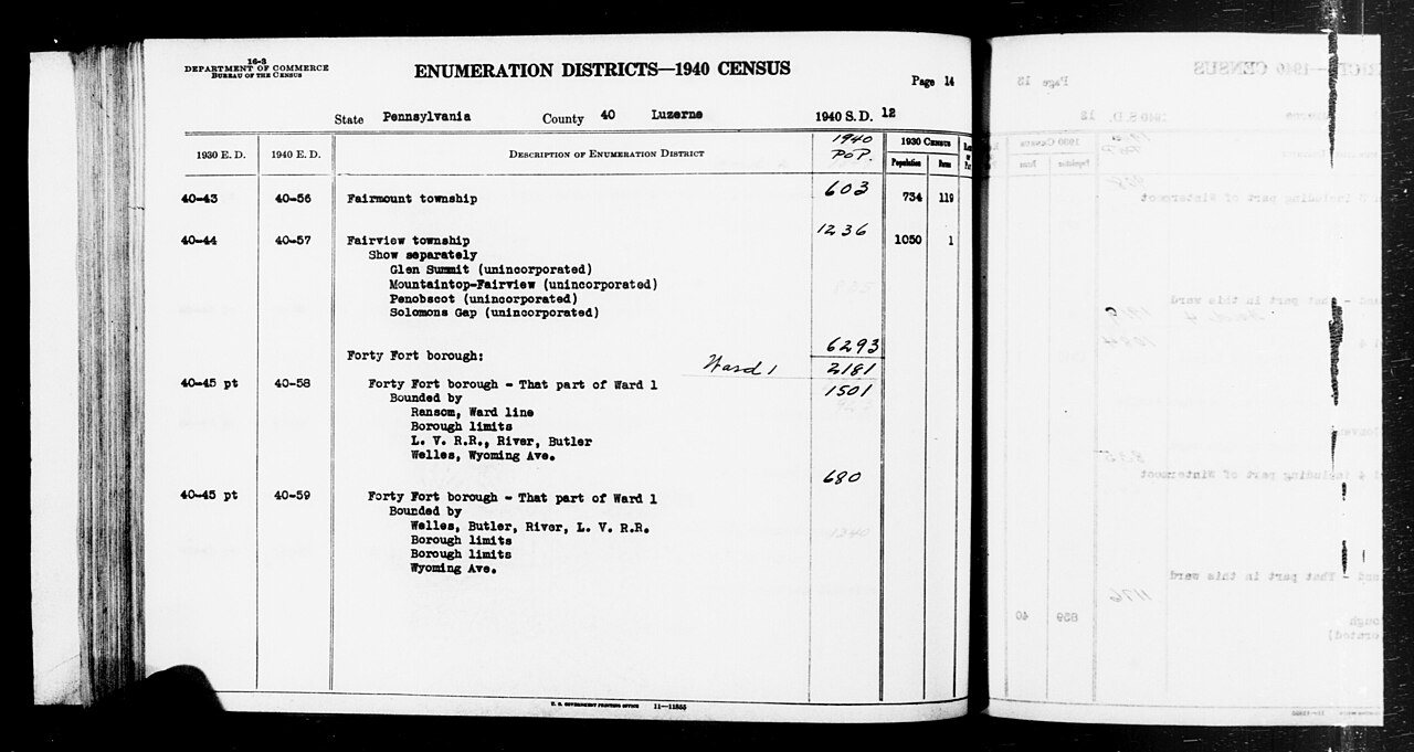 1940 Census Enumeration District Descriptions - Pennsylvania - Luzerne County - ED 40-56, ED 40-57, ED 40-58, ED 40-59