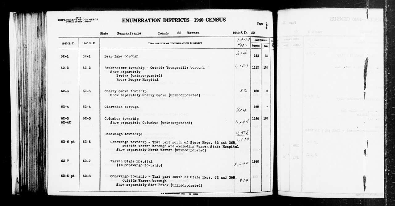 1940 Census Enumeration District Descriptions - Pennsylvania - Warren County - ED 62-1, ED 62-2, ED 62-3, ED 62-4, ED 6…