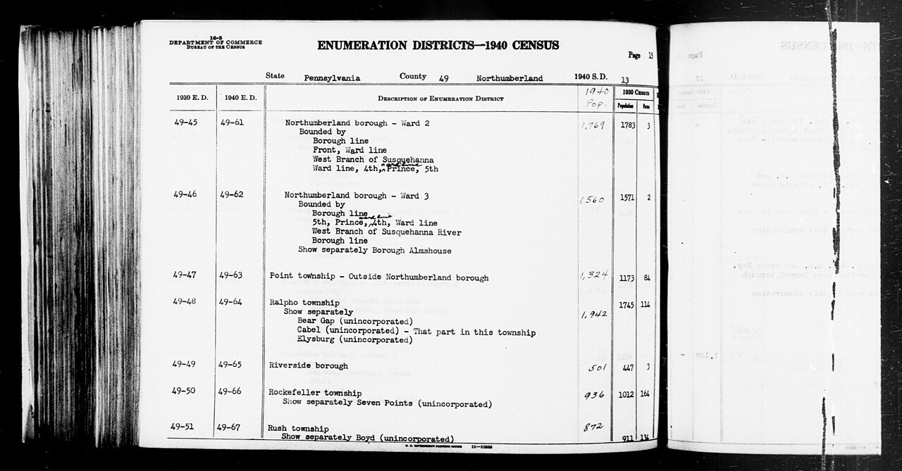 1940 Census Enumeration District Descriptions - Pennsylvania - Northumberland County - ED 49-61, ED 49-62, ED 49-63, ED…