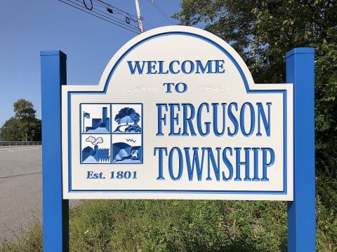2024-09-04 15 27 34 "Welcome to Ferguson Township" sign along northbound Pennsylvania State Route 26 as it crosses Tuss…