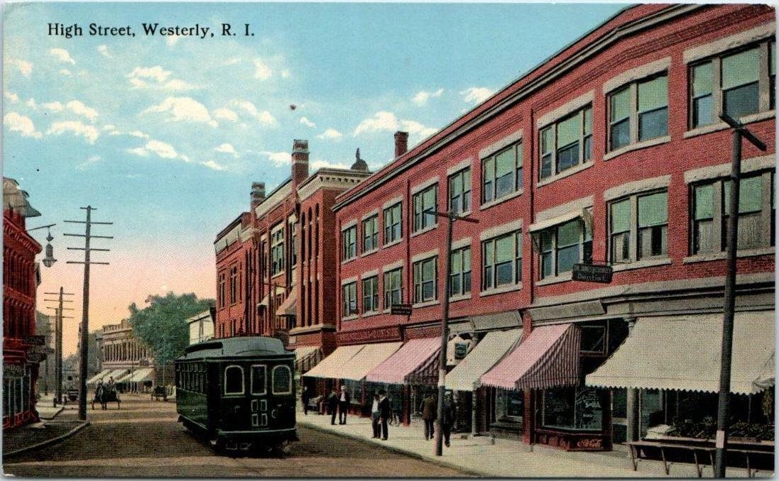 Streetcar on High Street, Westerly - postcard