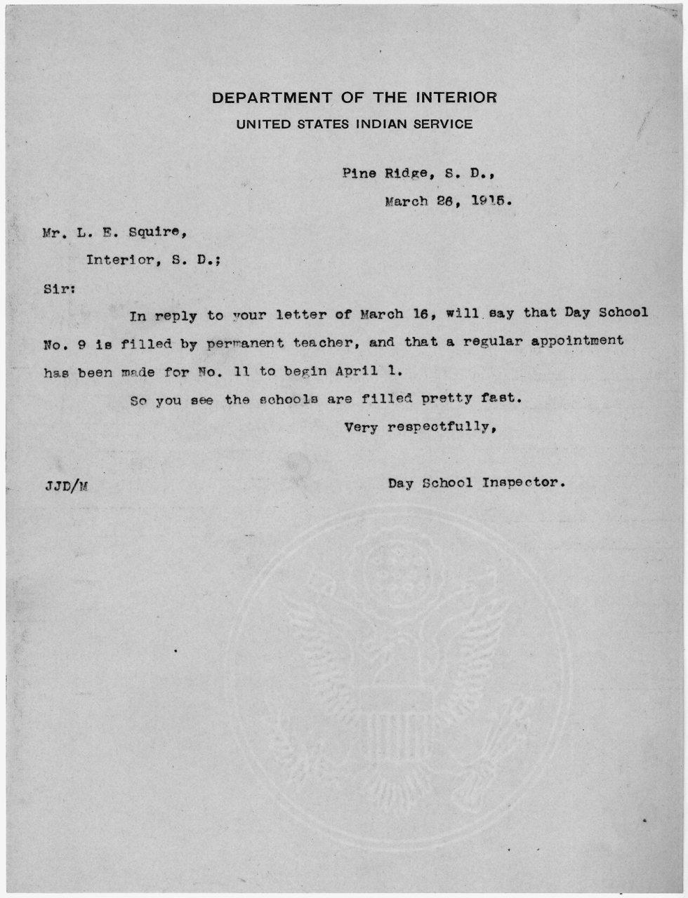 J.J. Duncan to L.E. Squire, Interior, South Dakota
