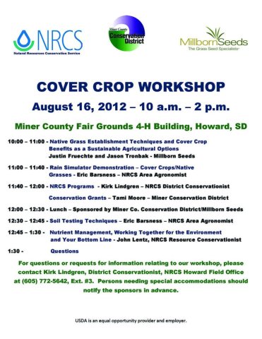 Free Workshop Aug 16 in Miner Co., SD - Cover Crops-Soil Quality-Native Grasses