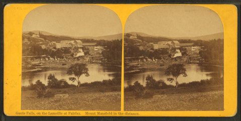 Gauts Falls, on the Lamoille at Fairfax. Mount Mansfield in the distance.Alternate Title: Stereoscopic views of Vermont…