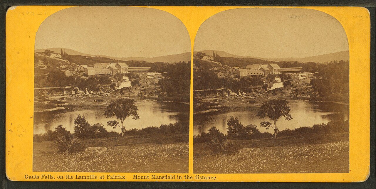 Gauts Falls, on the Lamoille at Fairfax. Mount Mansfield in the distance.Alternate Title: Stereoscopic views of Vermont…