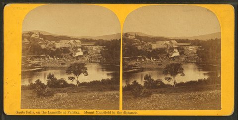 Gauts Falls, on the Lamoille at Fairfax. Mount Mansfield in the distance.Alternate Title: Stereoscopic views of Vermont…