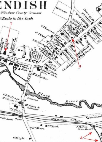 CavendishVermont 1869Map Beers AnnotatedPhineasGageLocations cropped