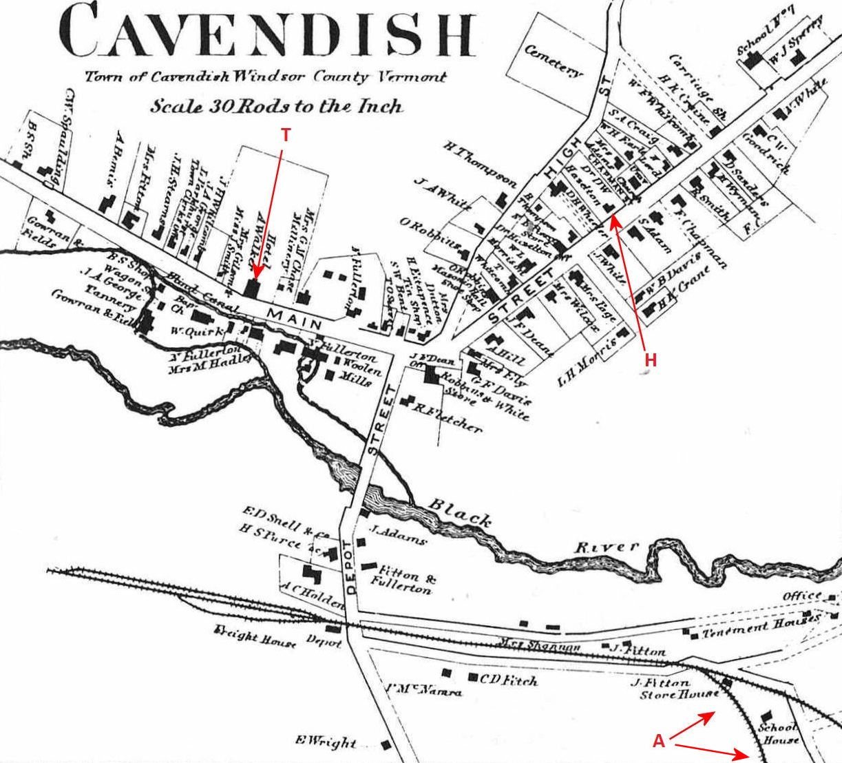 CavendishVermont 1869Map Beers AnnotatedPhineasGageLocations