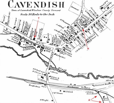 CavendishVermont 1869Map Beers AnnotatedPhineasGageLocations
