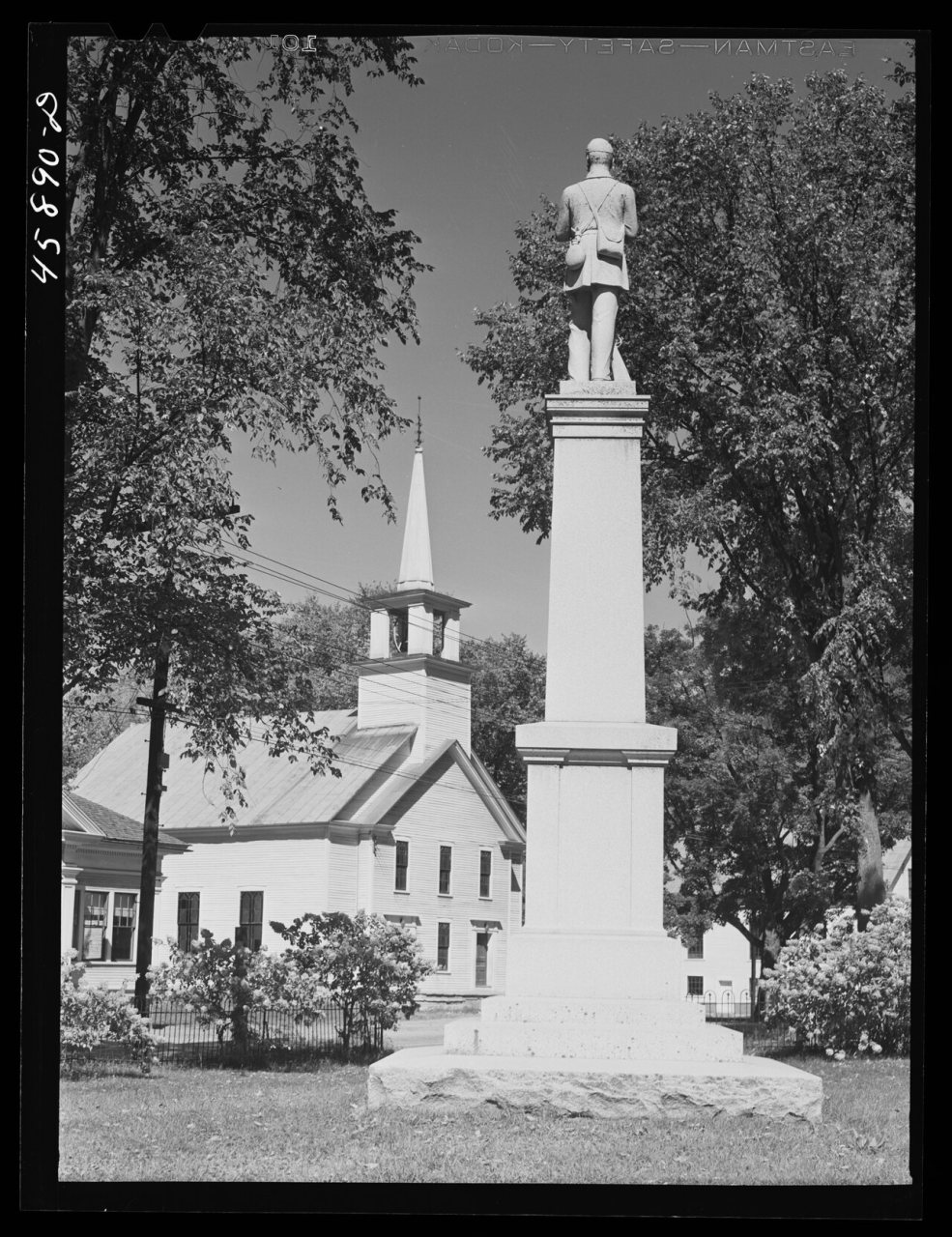 Tunbridge, Vermont. Monument and a church, by Jack Delano, United States Office of War Information, September 1941, fro…