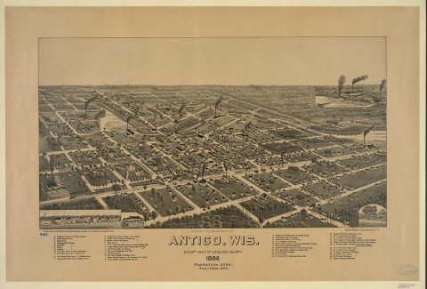 A bird's eye view of the city of Antigo, Wis., county seat of Langlade County. 1886