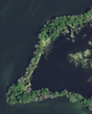 Aerial view of the Gardner portion of Snake Island, also called Basin Island, Door County, Wisconsin 2020 (cropped)