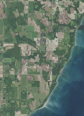 Aerial view of far southwestern town of Forestville, part of southern Clay Banks, and part of the northern town of Ahna…