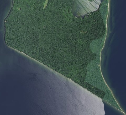 Aerial view of the southern portion of Chambers Island, town of Gibraltar, Door County, Wisconsin 2020 (cropped)