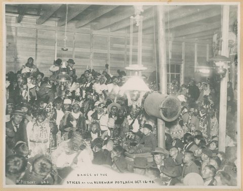Dance of the sticks at Klukwan Potlatch ceremony, Alaska, October 12, 1898