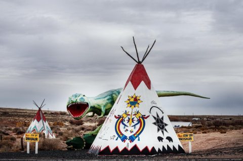 A fearsome dinosaur menaces at the Painted Desert Indian Center