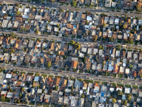 Aerial view of houses in Walnut Park, Los Angeles, April 2024
