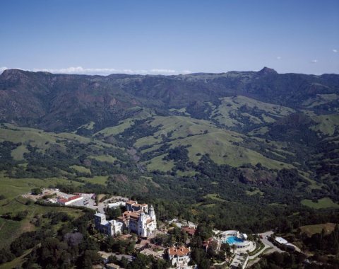 Aerial view of William Randolph Hearst's San Simeon estate in the coastal mountains of California