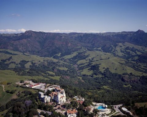 Aerial view of William Randolph Hearst's San Simeon estate in the coastal mountains of California