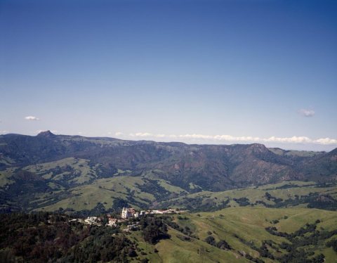 Aerial view of William Randolph Hearst's San Simeon estate in the coastal mountains of California